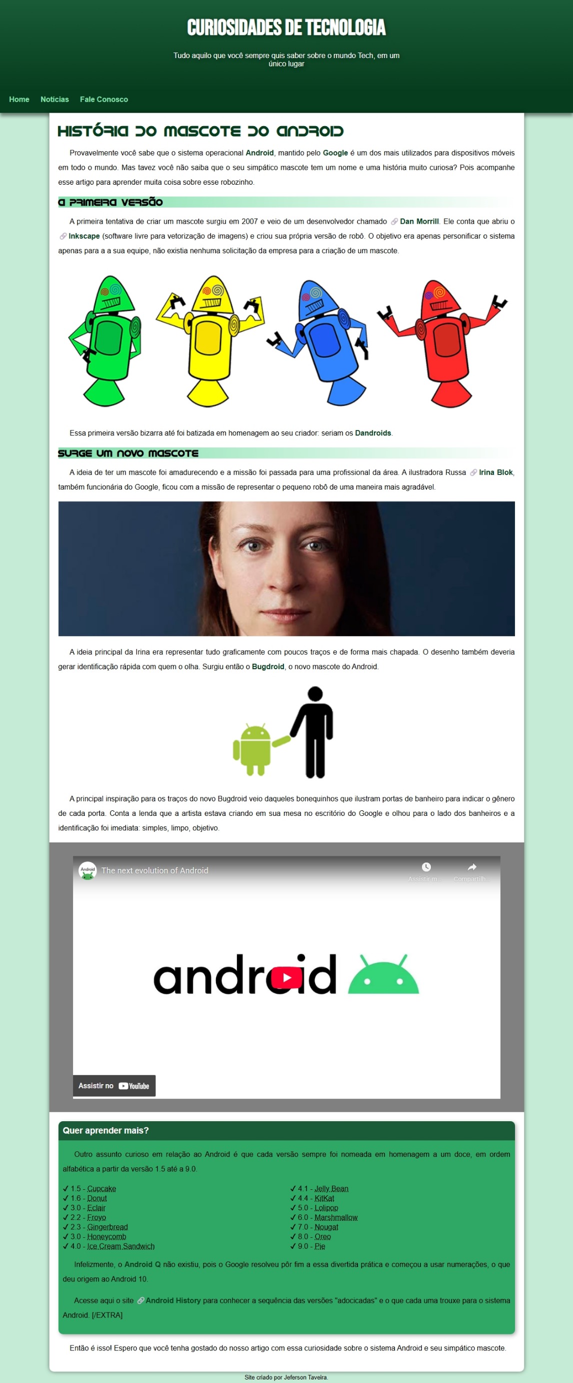 Um site que conta a historia da marca android