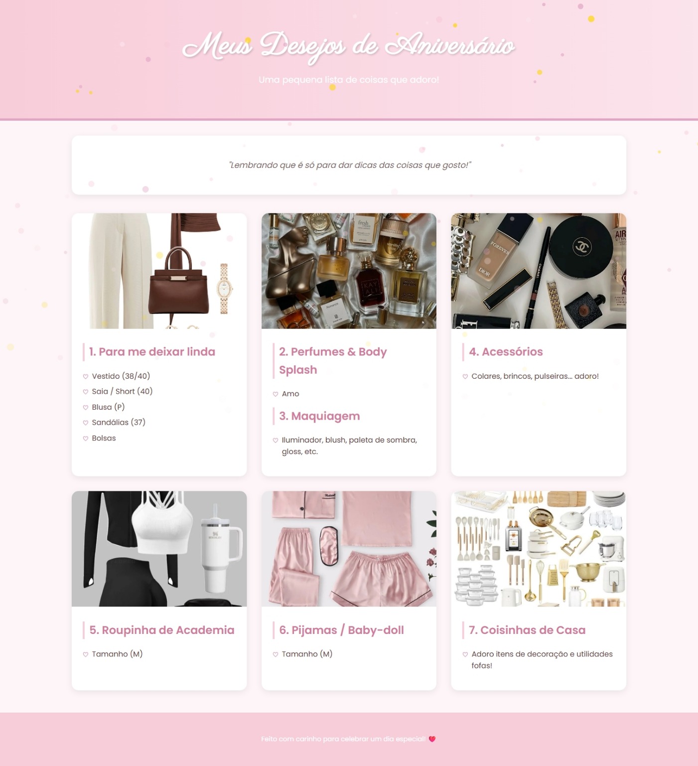 Um site moderno criado para apresentar os desejos de uma cliente para o seu aniversário